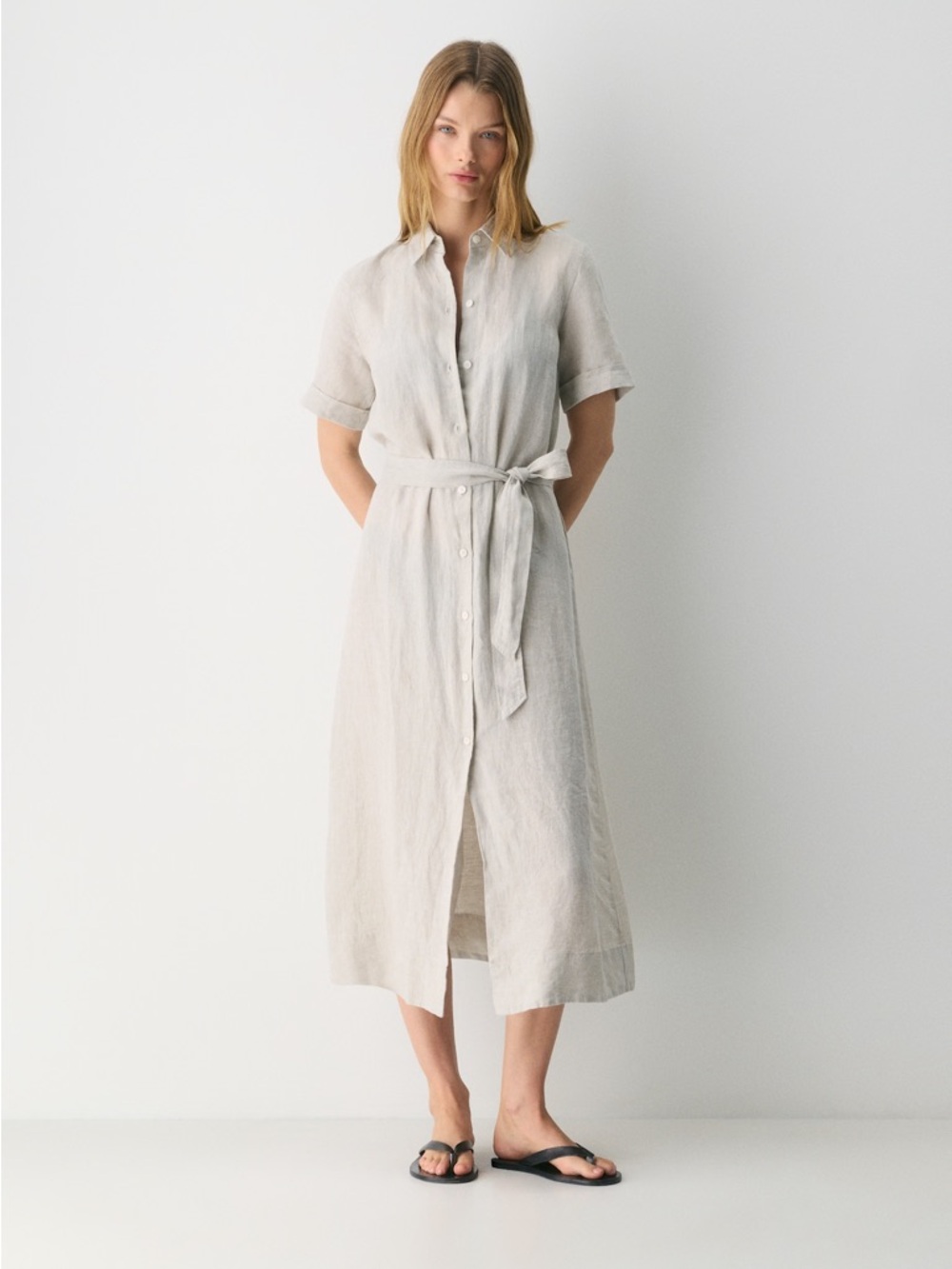 Beige with Pinstripe Linen Shirt Midi Dress with Tie Belt